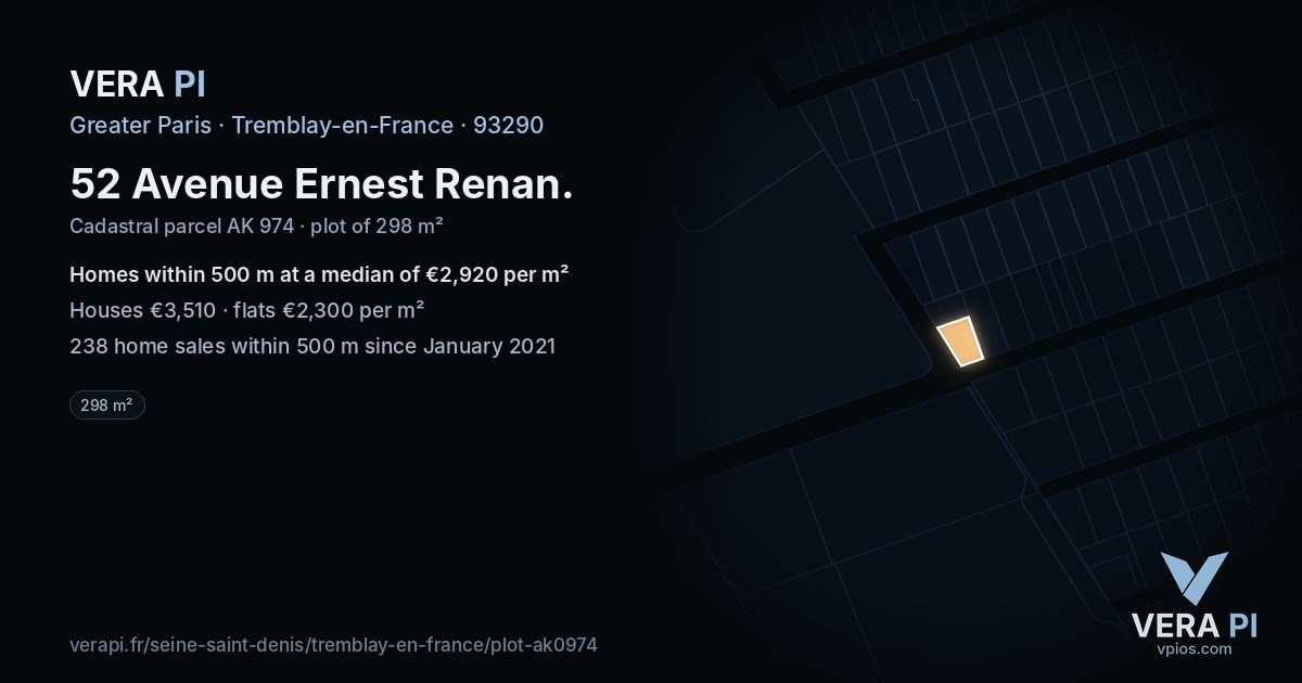 52 Avenue Ernest Renan, Tremblay-en-France at night – the plot lit, the parcels around coloured by the prices near them