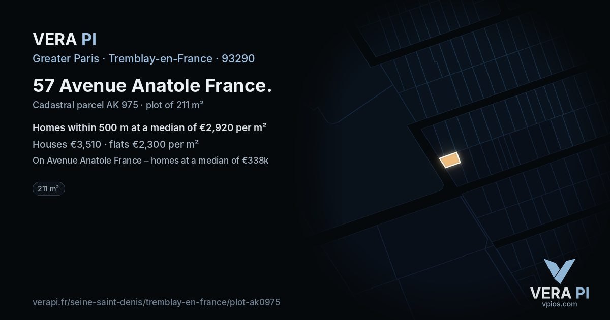 57 Avenue Anatole France, Tremblay-en-France at night – the plot lit, the parcels around coloured by the prices near them