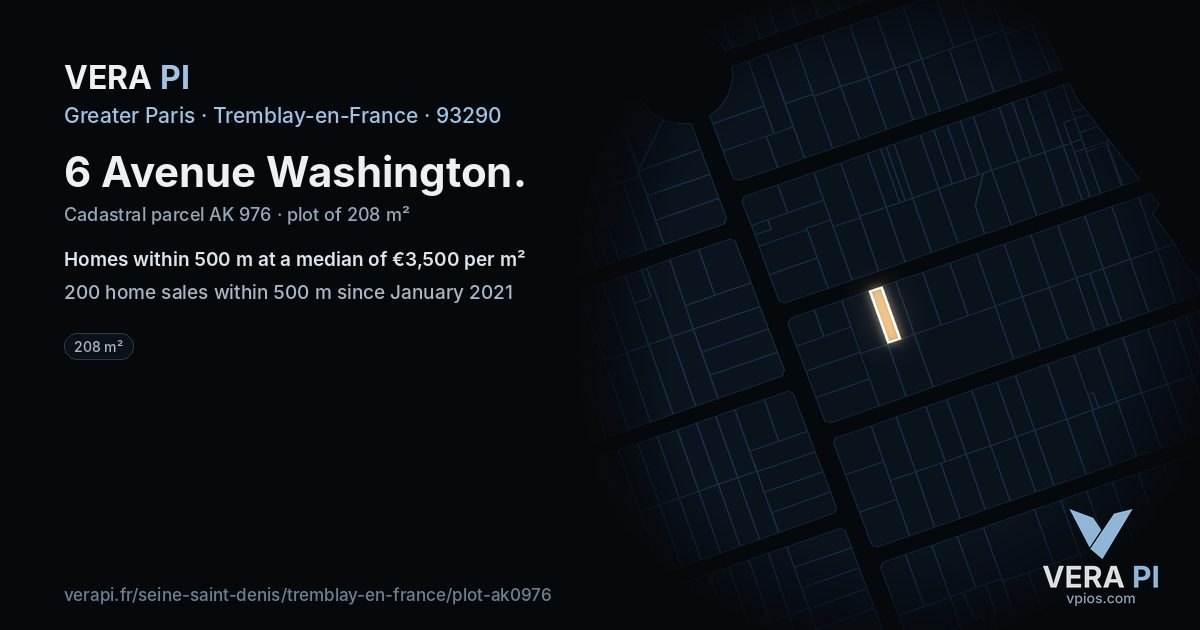 6 Avenue Washington, Tremblay-en-France at night – the plot lit, the parcels around coloured by the prices near them