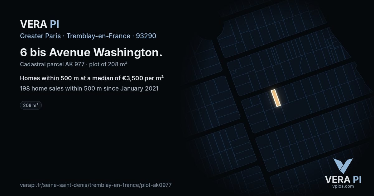 6 bis Avenue Washington, Tremblay-en-France at night – the plot lit, the parcels around coloured by the prices near them