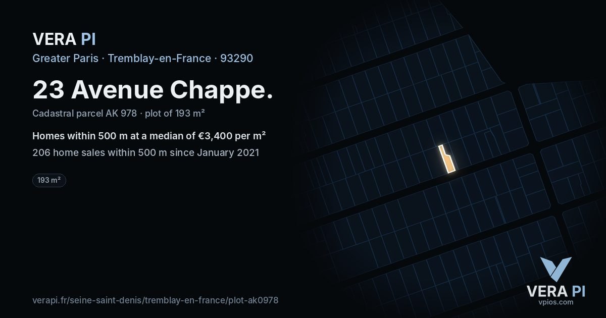 23 Avenue Chappe, Tremblay-en-France at night – the plot lit, the parcels around coloured by the prices near them