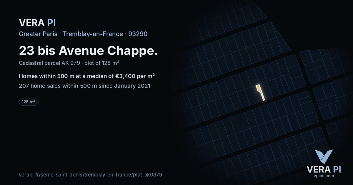 23 bis Avenue Chappe, Tremblay-en-France at night – the plot lit, the parcels around coloured by the prices near them