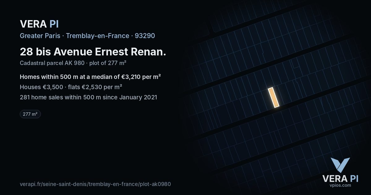 28 bis Avenue Ernest Renan, Tremblay-en-France at night – the plot lit, the parcels around coloured by the prices near them
