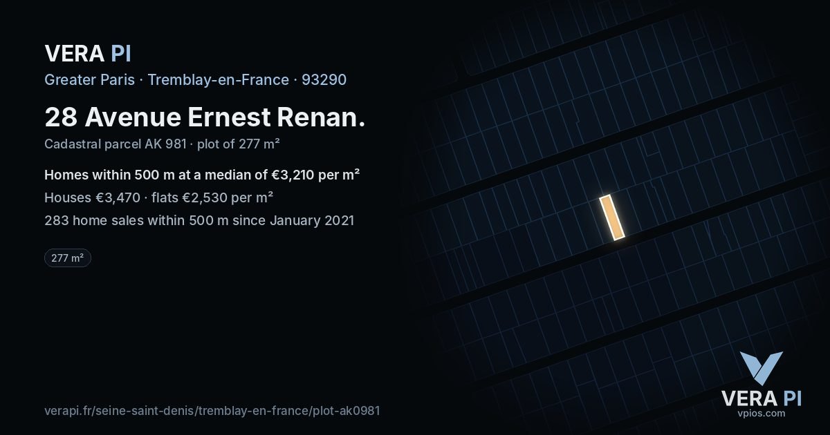 28 Avenue Ernest Renan, Tremblay-en-France at night – the plot lit, the parcels around coloured by the prices near them