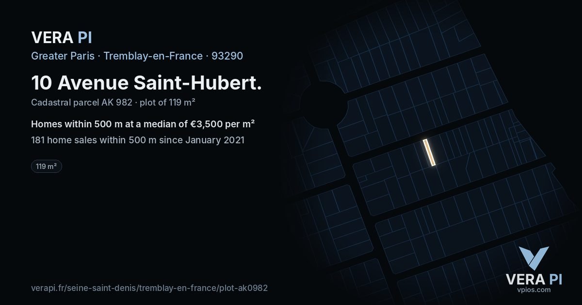 10 Avenue Saint-Hubert, Tremblay-en-France at night – the plot lit, the parcels around coloured by the prices near them
