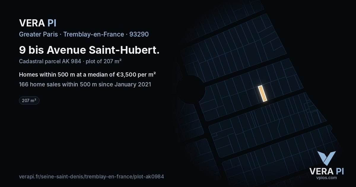 9 bis Avenue Saint-Hubert, Tremblay-en-France at night – the plot lit, the parcels around coloured by the prices near them