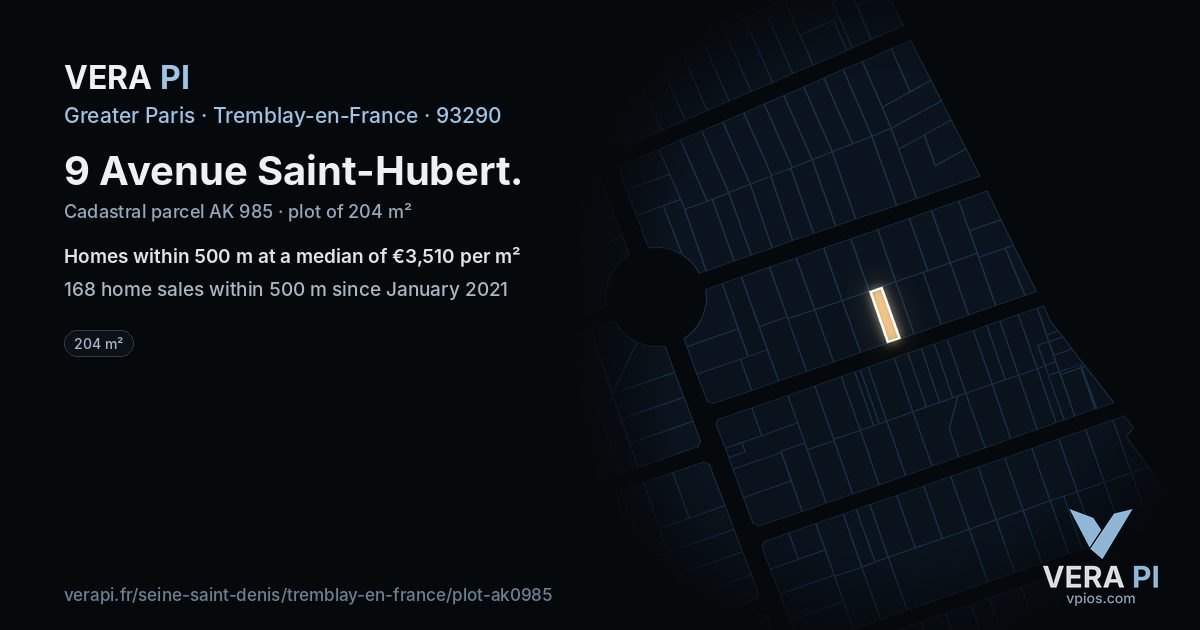 9 Avenue Saint-Hubert, Tremblay-en-France at night – the plot lit, the parcels around coloured by the prices near them