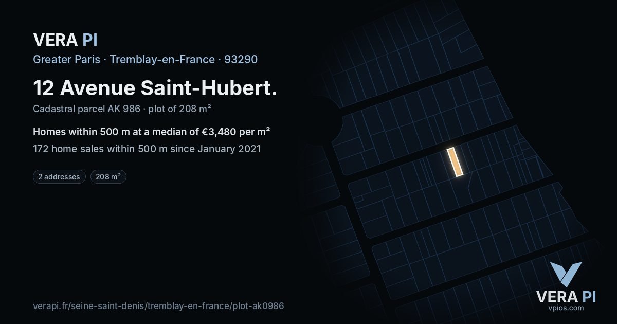 12 Avenue Saint-Hubert, Tremblay-en-France at night – the plot lit, the parcels around coloured by the prices near them