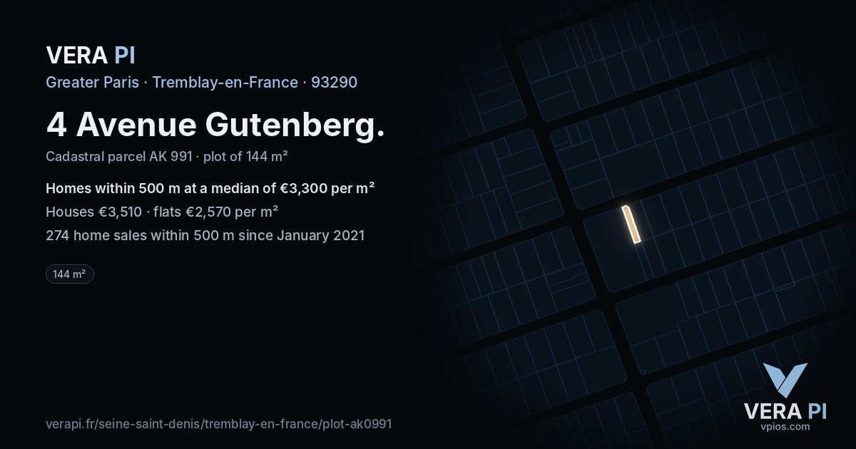 4 Avenue Gutenberg, Tremblay-en-France at night – the plot lit, the parcels around coloured by the prices near them