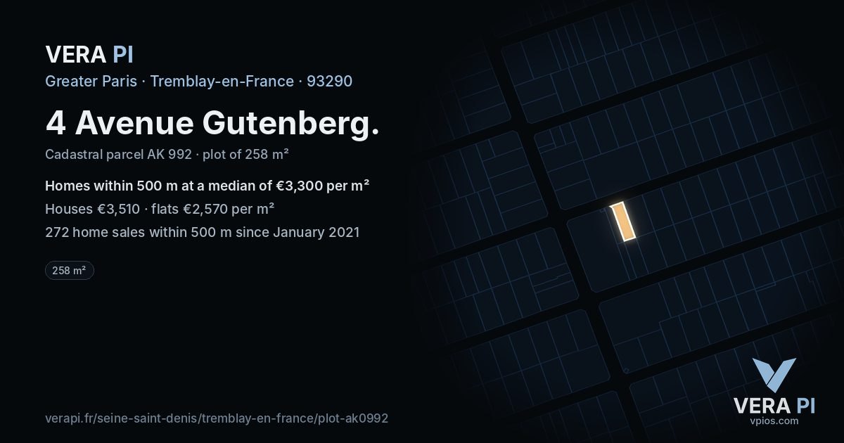 4 Avenue Gutenberg, Tremblay-en-France at night – the plot lit, the parcels around coloured by the prices near them