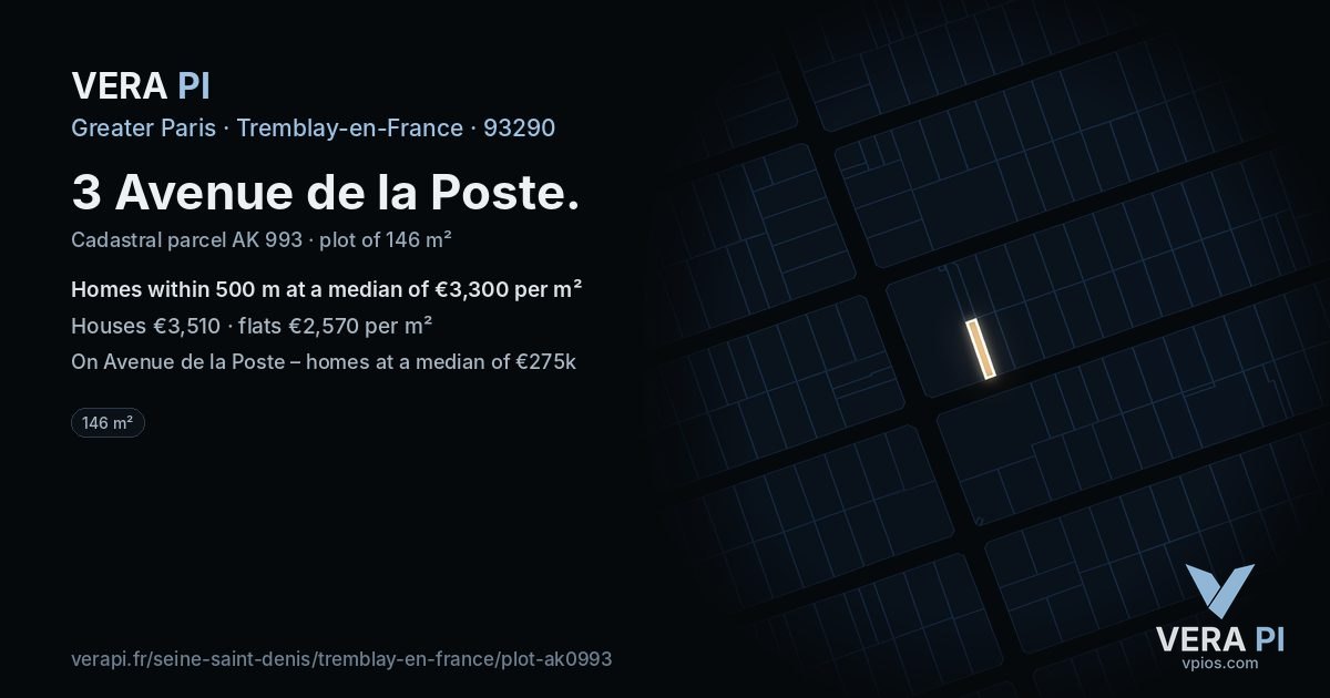 3 Avenue de la Poste, Tremblay-en-France at night – the plot lit, the parcels around coloured by the prices near them