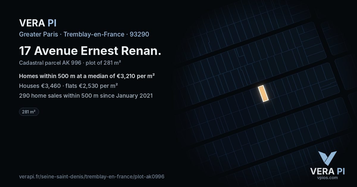 17 Avenue Ernest Renan, Tremblay-en-France at night – the plot lit, the parcels around coloured by the prices near them