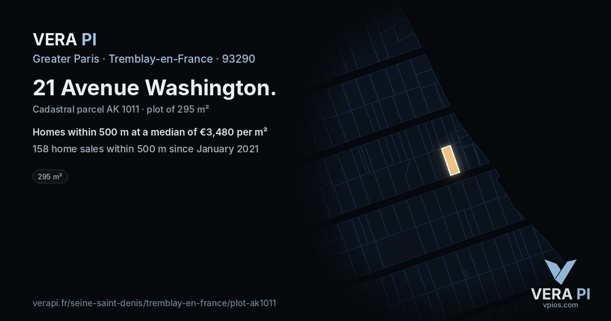 21 Avenue Washington, Tremblay-en-France at night – the plot lit, the parcels around coloured by the prices near them