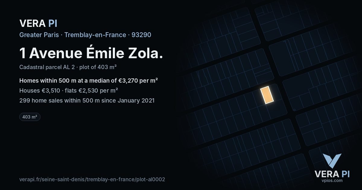 1 Avenue Émile Zola, Tremblay-en-France at night – the plot lit, the parcels around coloured by the prices near them