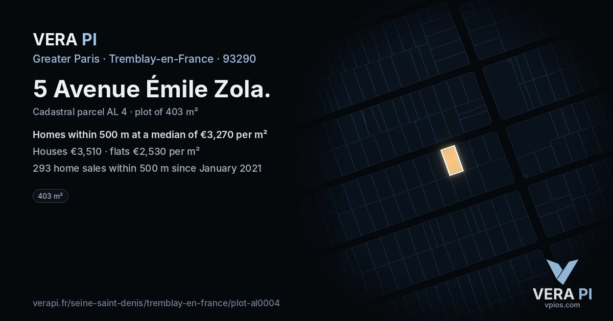 5 Avenue Émile Zola, Tremblay-en-France at night – the plot lit, the parcels around coloured by the prices near them