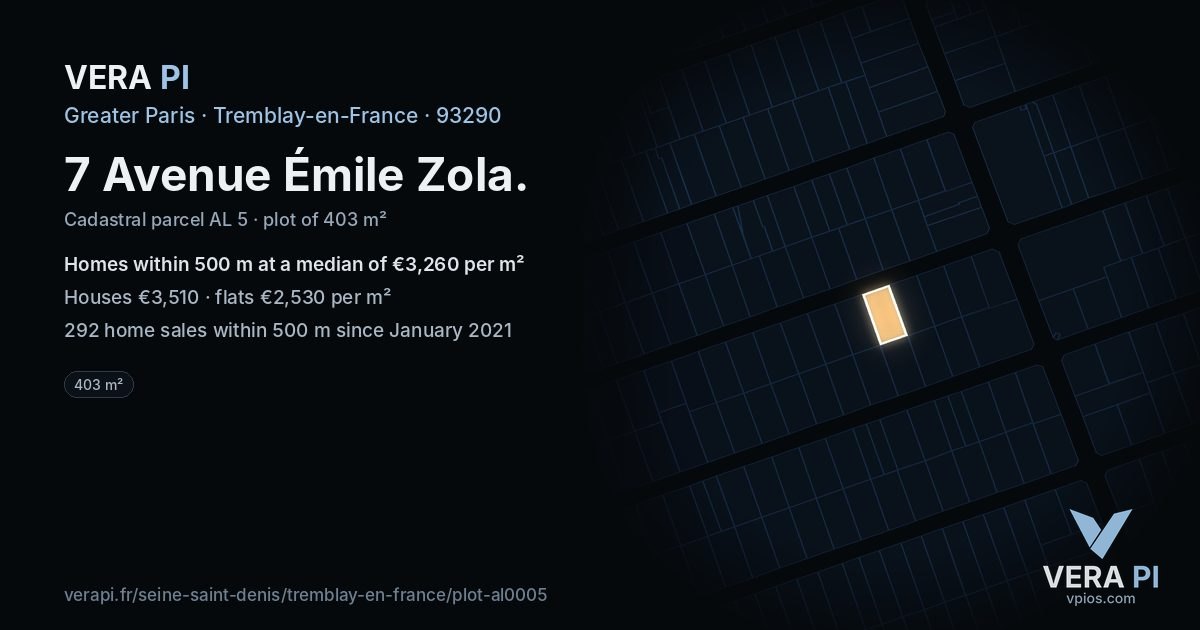 7 Avenue Émile Zola, Tremblay-en-France at night – the plot lit, the parcels around coloured by the prices near them