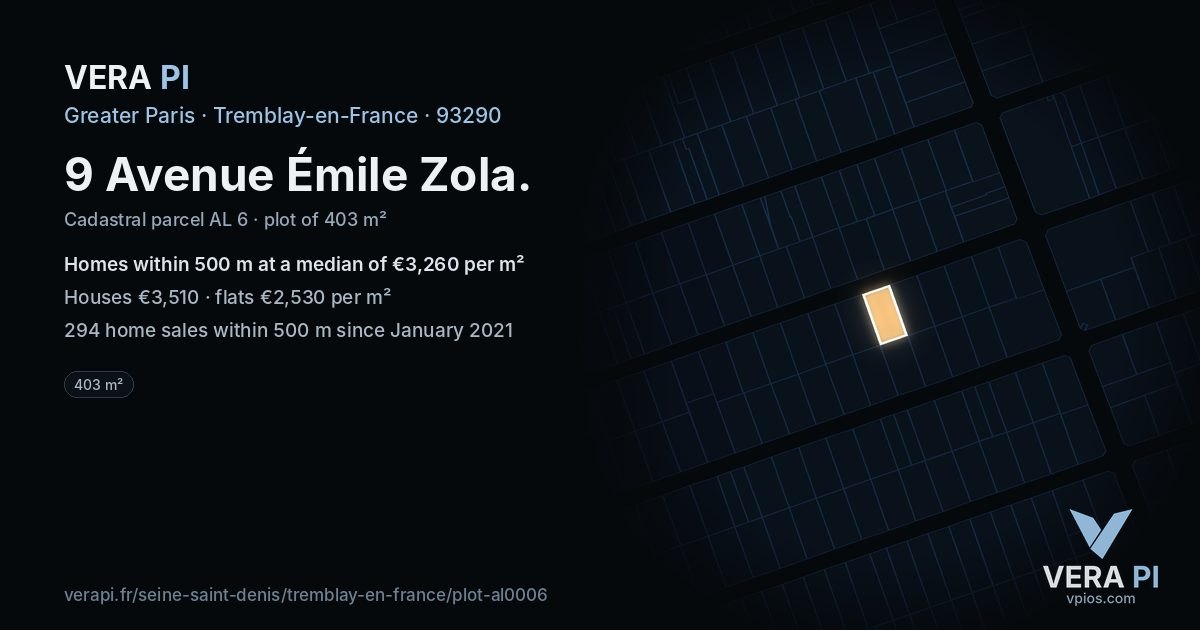 9 Avenue Émile Zola, Tremblay-en-France at night – the plot lit, the parcels around coloured by the prices near them