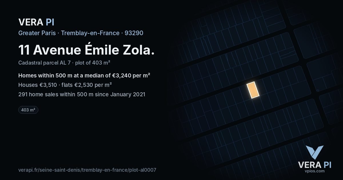 11 Avenue Émile Zola, Tremblay-en-France at night – the plot lit, the parcels around coloured by the prices near them