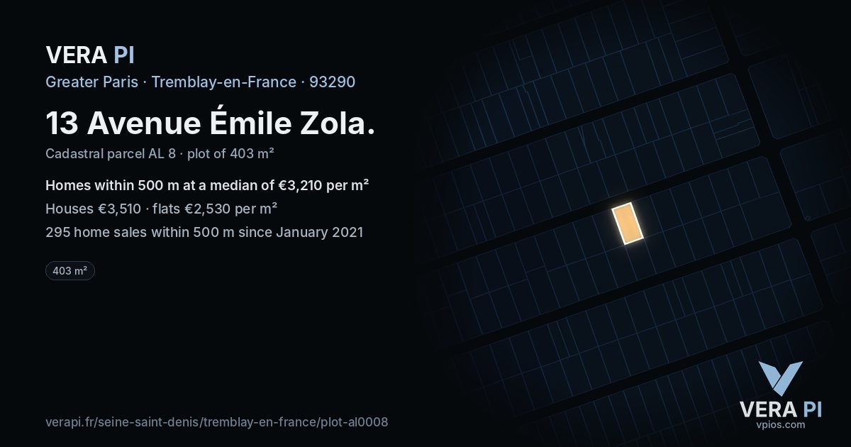 13 Avenue Émile Zola, Tremblay-en-France at night – the plot lit, the parcels around coloured by the prices near them