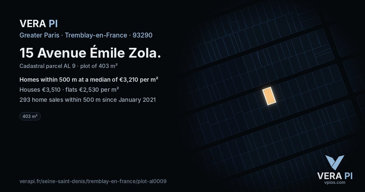 15 Avenue Émile Zola, Tremblay-en-France at night – the plot lit, the parcels around coloured by the prices near them