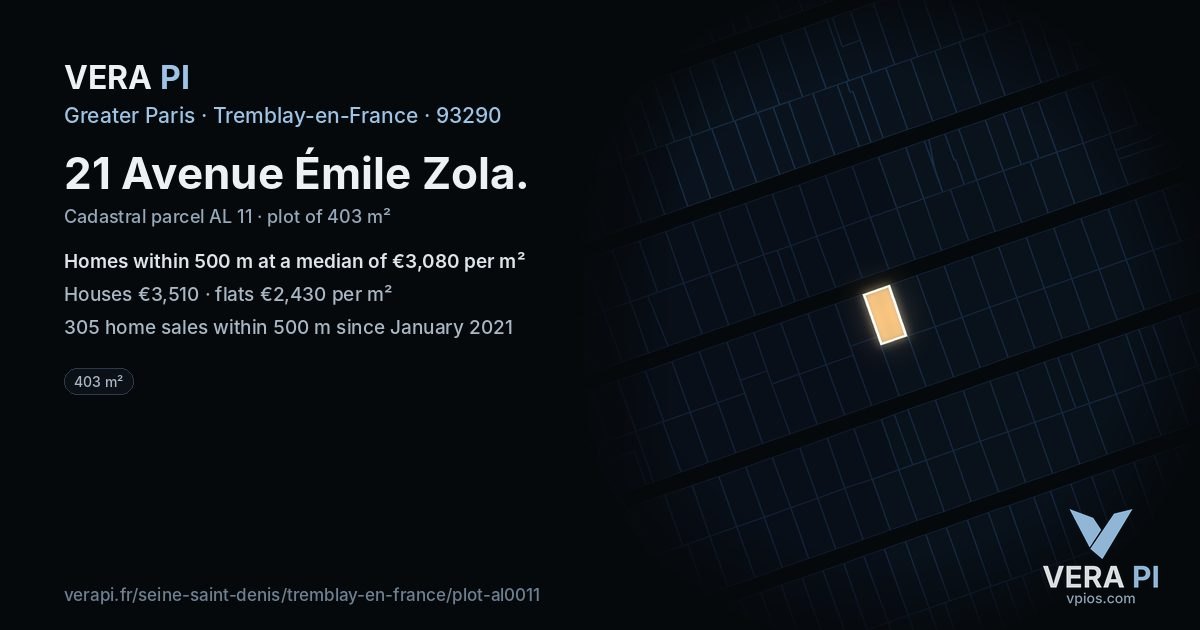 21 Avenue Émile Zola, Tremblay-en-France at night – the plot lit, the parcels around coloured by the prices near them