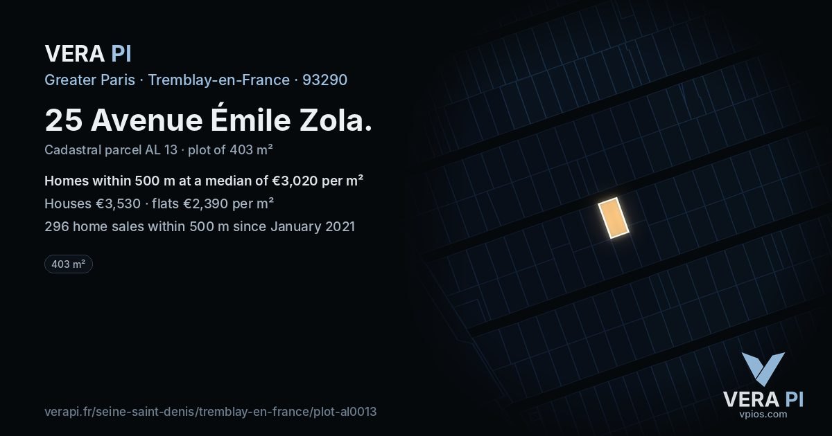 25 Avenue Émile Zola, Tremblay-en-France at night – the plot lit, the parcels around coloured by the prices near them