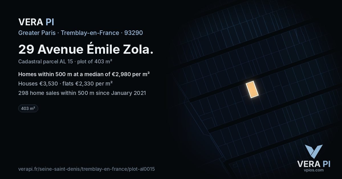 29 Avenue Émile Zola, Tremblay-en-France at night – the plot lit, the parcels around coloured by the prices near them