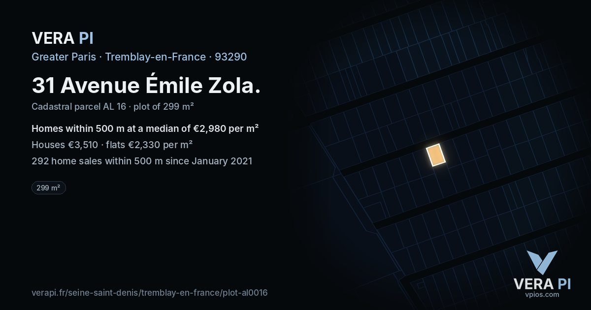 31 Avenue Émile Zola, Tremblay-en-France at night – the plot lit, the parcels around coloured by the prices near them