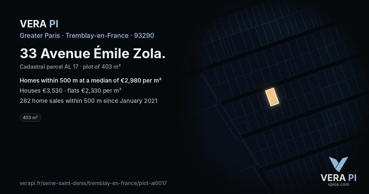33 Avenue Émile Zola, Tremblay-en-France at night – the plot lit, the parcels around coloured by the prices near them