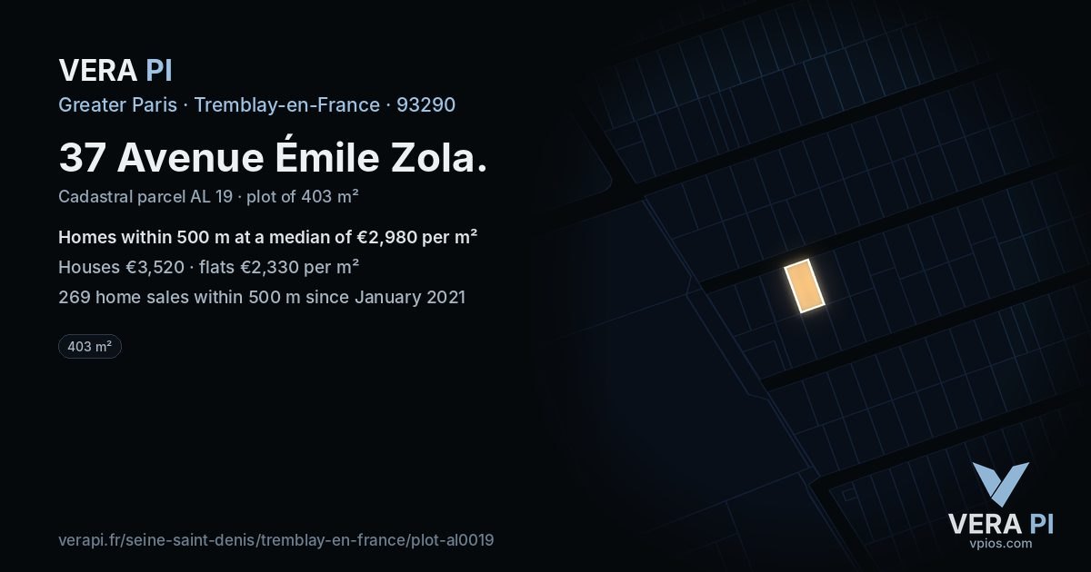37 Avenue Émile Zola, Tremblay-en-France at night – the plot lit, the parcels around coloured by the prices near them
