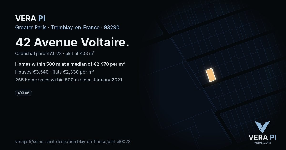 42 Avenue Voltaire, Tremblay-en-France at night – the plot lit, the parcels around coloured by the prices near them