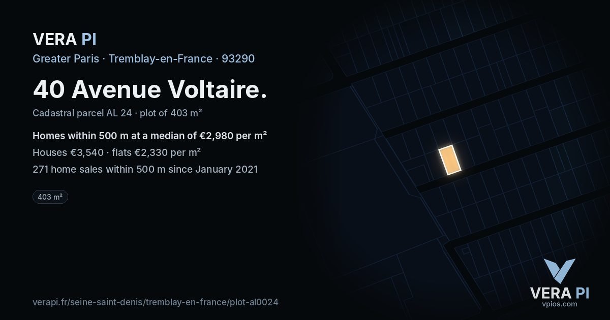 40 Avenue Voltaire, Tremblay-en-France at night – the plot lit, the parcels around coloured by the prices near them