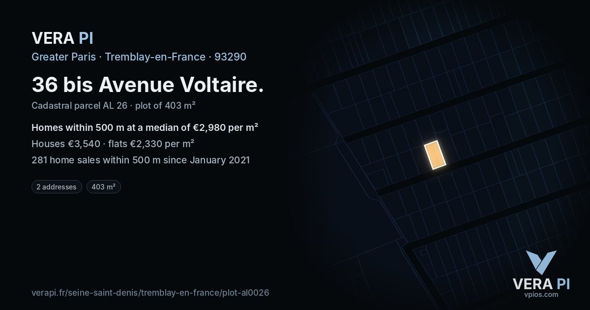 36 bis Avenue Voltaire, Tremblay-en-France at night – the plot lit, the parcels around coloured by the prices near them