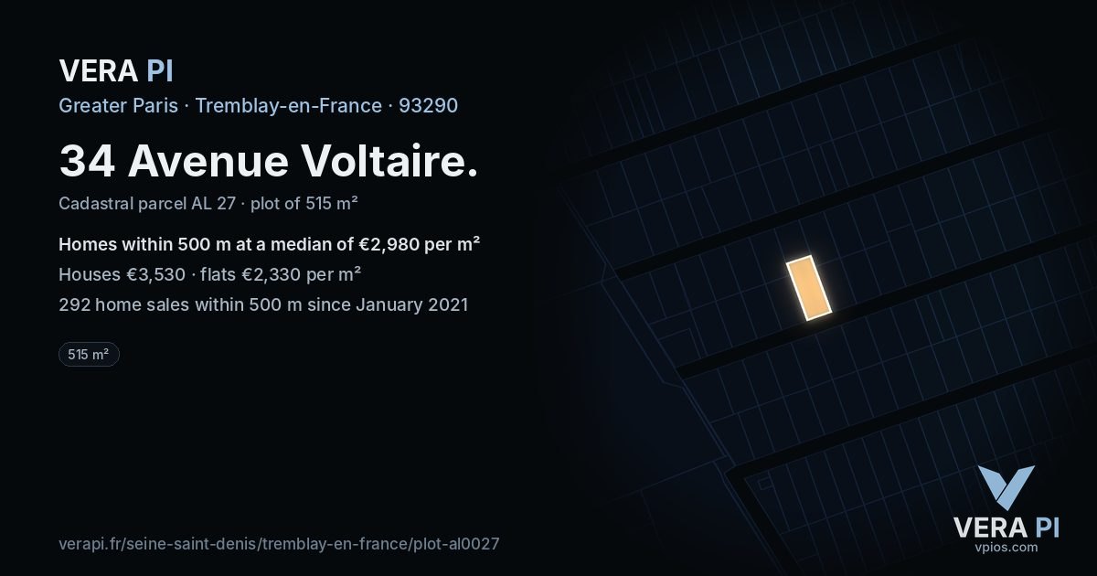 34 Avenue Voltaire, Tremblay-en-France at night – the plot lit, the parcels around coloured by the prices near them