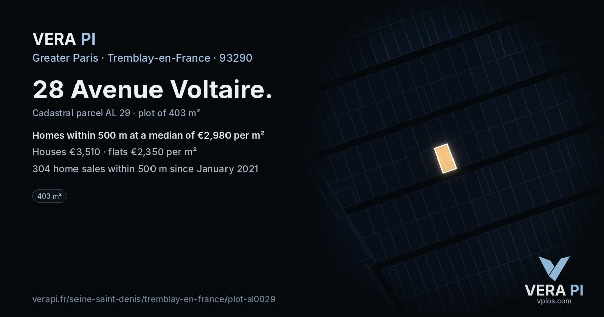 28 Avenue Voltaire, Tremblay-en-France at night – the plot lit, the parcels around coloured by the prices near them