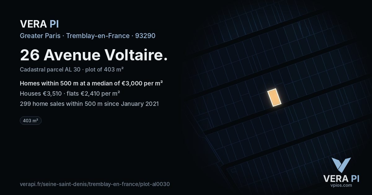 26 Avenue Voltaire, Tremblay-en-France at night – the plot lit, the parcels around coloured by the prices near them