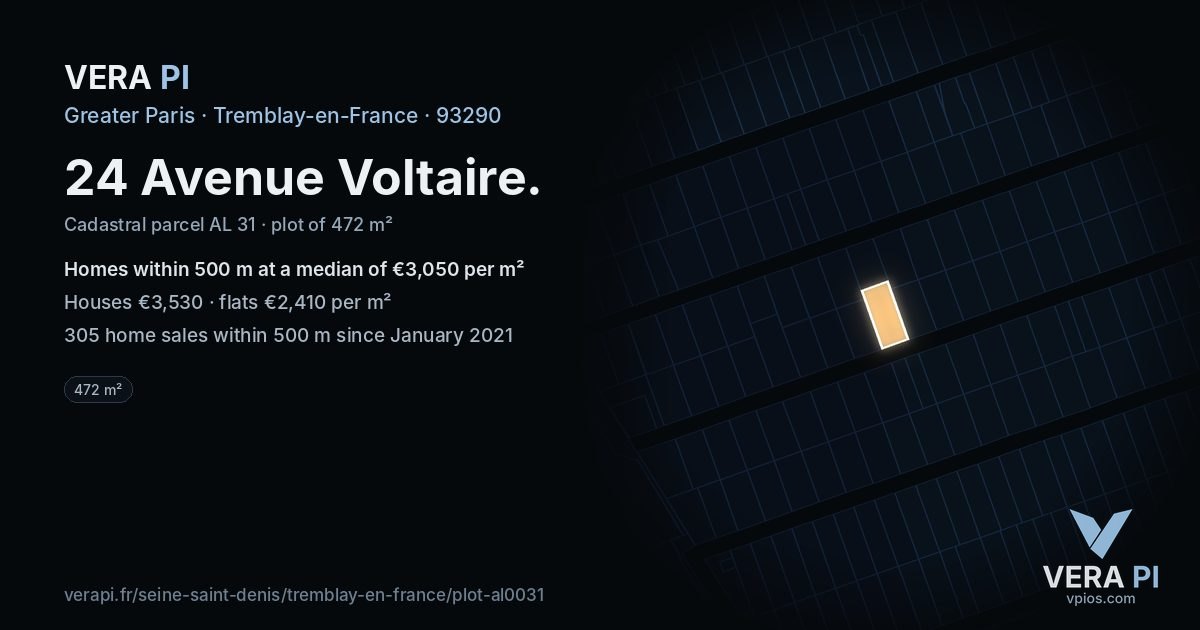24 Avenue Voltaire, Tremblay-en-France at night – the plot lit, the parcels around coloured by the prices near them