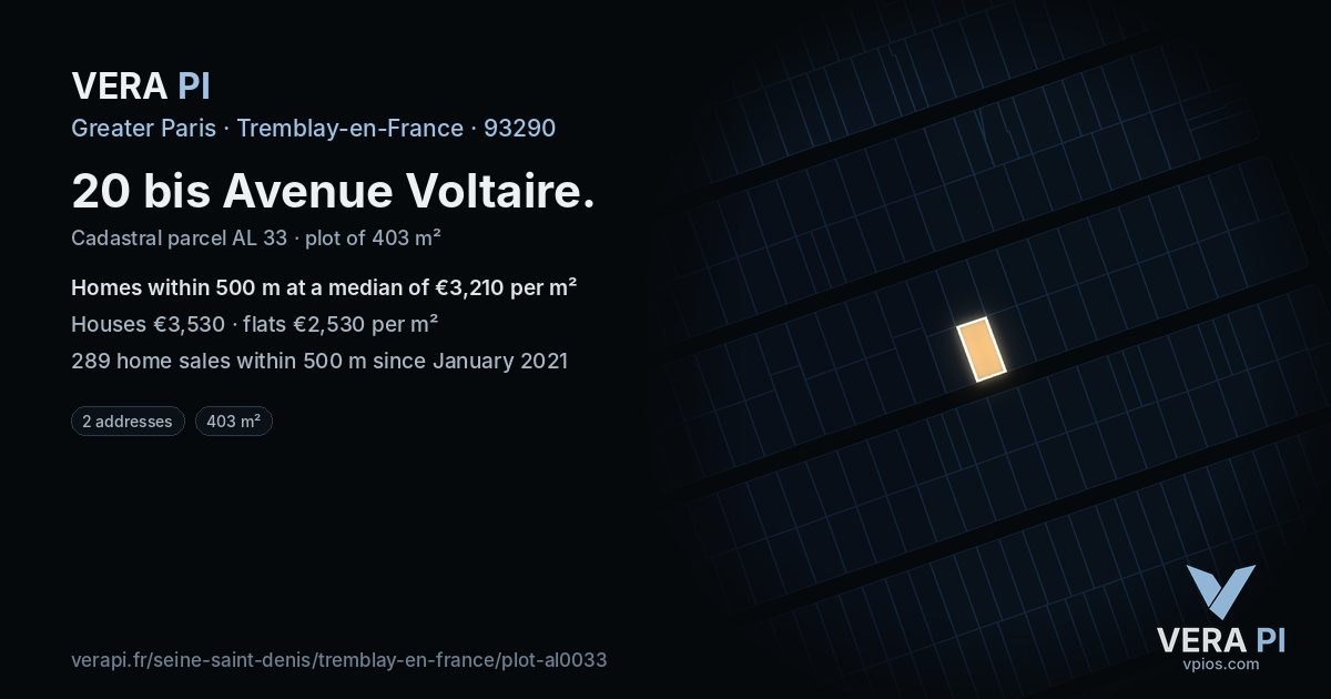 20 bis Avenue Voltaire, Tremblay-en-France at night – the plot lit, the parcels around coloured by the prices near them
