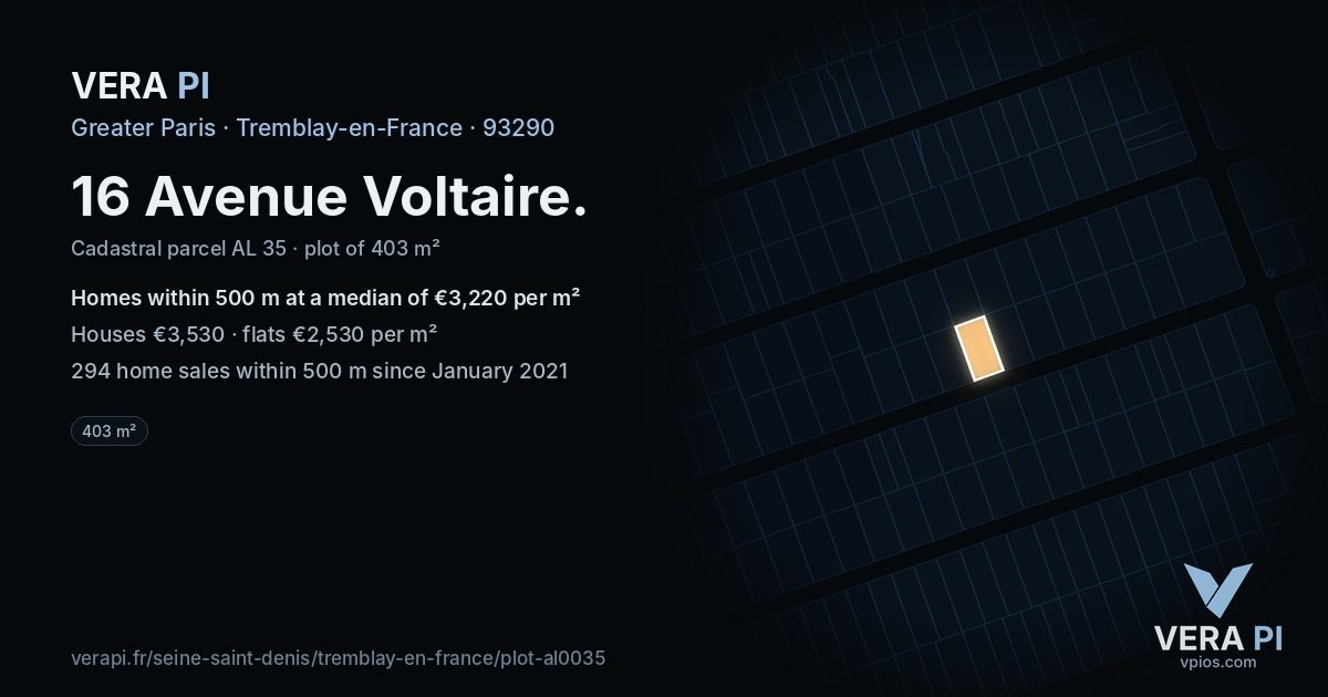 16 Avenue Voltaire, Tremblay-en-France at night – the plot lit, the parcels around coloured by the prices near them