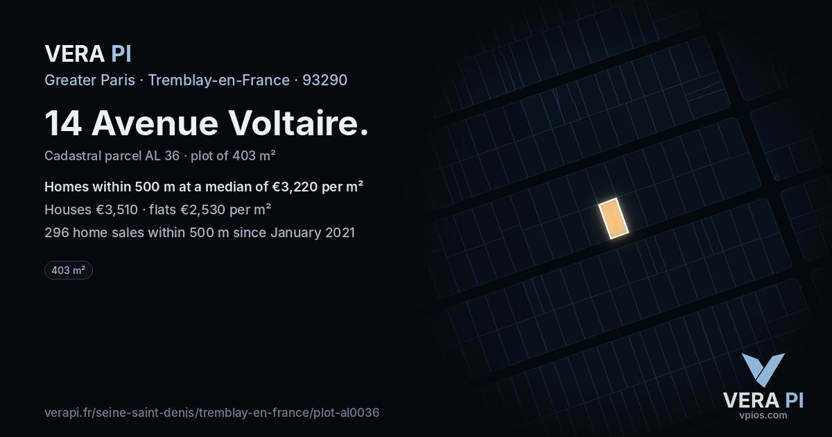14 Avenue Voltaire, Tremblay-en-France at night – the plot lit, the parcels around coloured by the prices near them