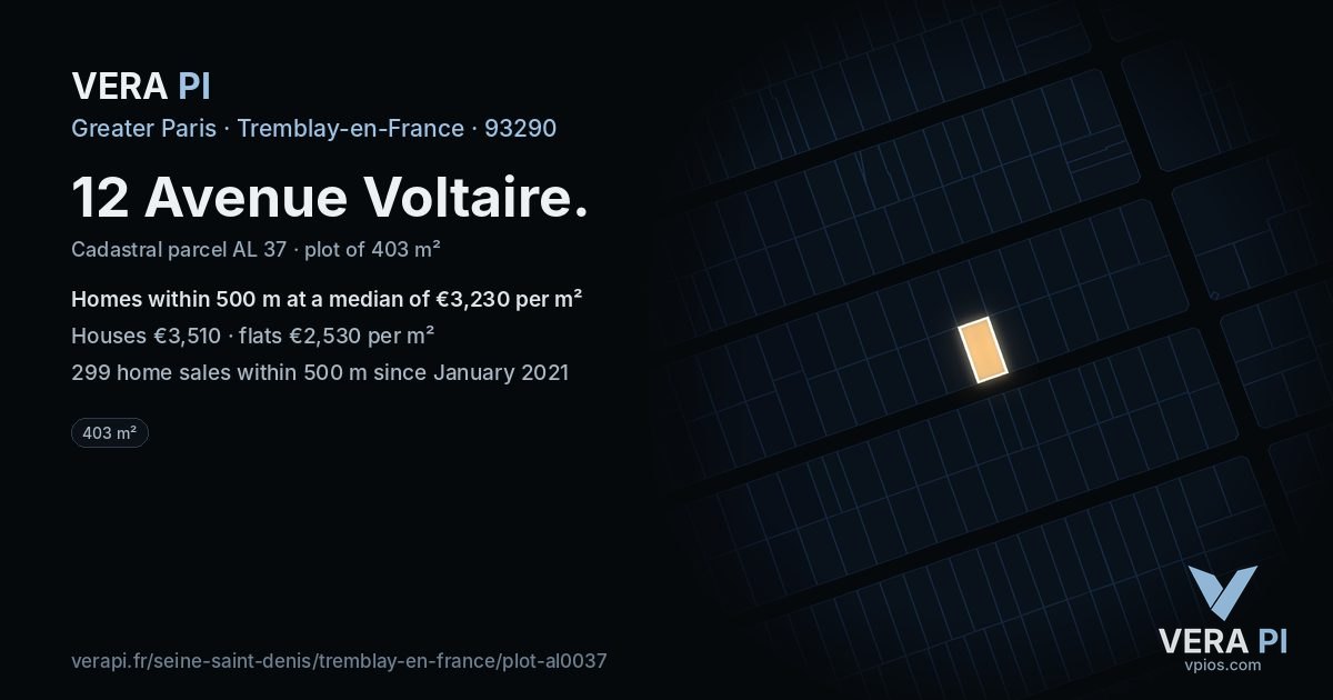 12 Avenue Voltaire, Tremblay-en-France at night – the plot lit, the parcels around coloured by the prices near them