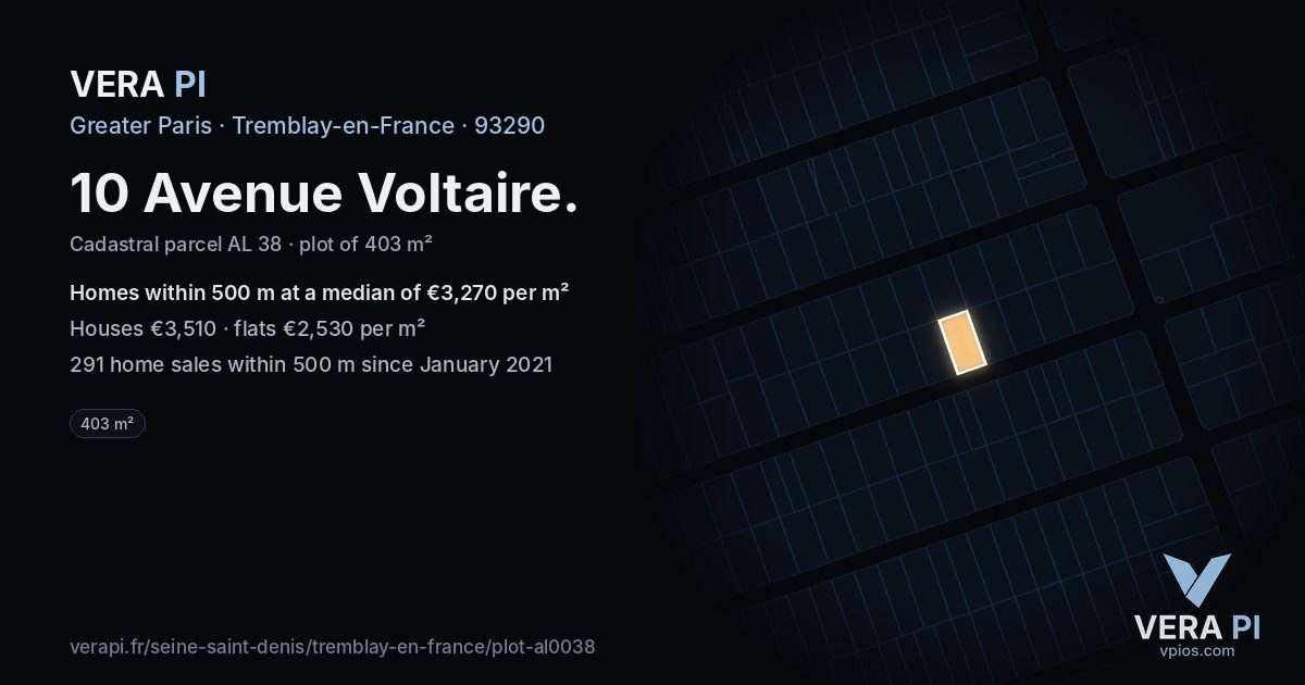 10 Avenue Voltaire, Tremblay-en-France at night – the plot lit, the parcels around coloured by the prices near them