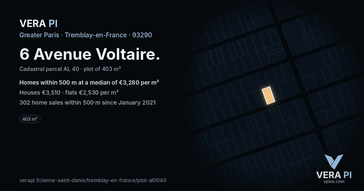 6 Avenue Voltaire, Tremblay-en-France at night – the plot lit, the parcels around coloured by the prices near them