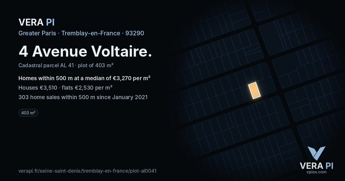 4 Avenue Voltaire, Tremblay-en-France at night – the plot lit, the parcels around coloured by the prices near them