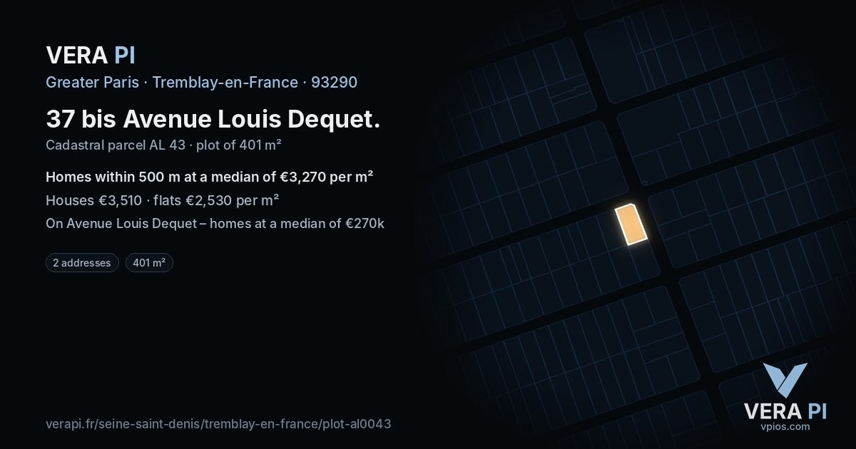 37 bis Avenue Louis Dequet, Tremblay-en-France at night – the plot lit, the parcels around coloured by the prices near them