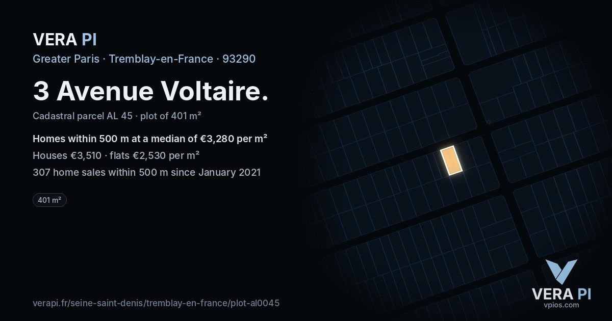 3 Avenue Voltaire, Tremblay-en-France at night – the plot lit, the parcels around coloured by the prices near them