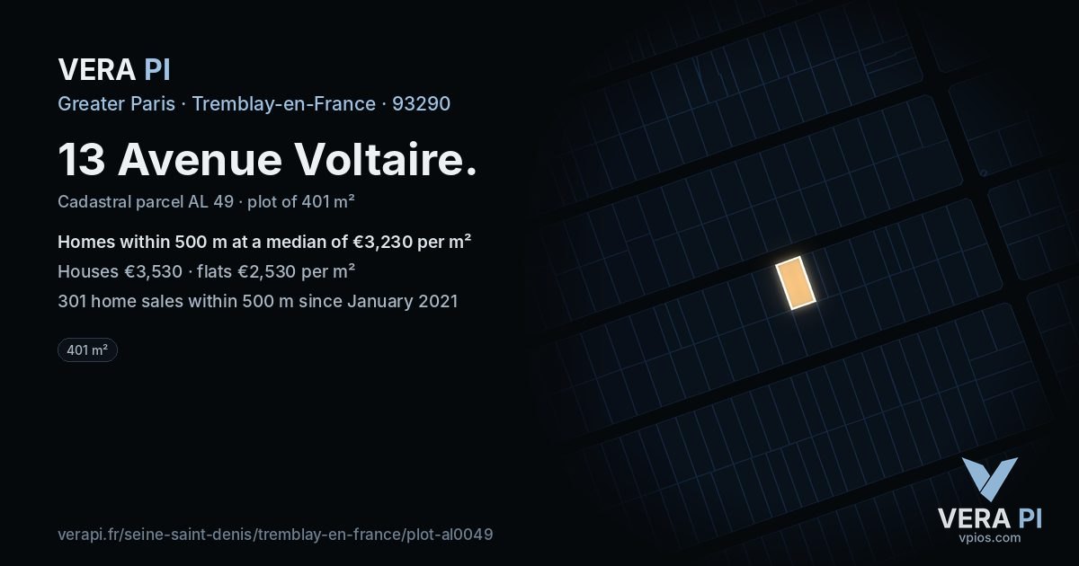 13 Avenue Voltaire, Tremblay-en-France at night – the plot lit, the parcels around coloured by the prices near them