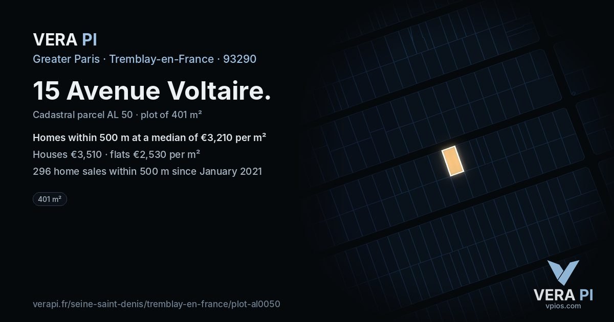 15 Avenue Voltaire, Tremblay-en-France at night – the plot lit, the parcels around coloured by the prices near them