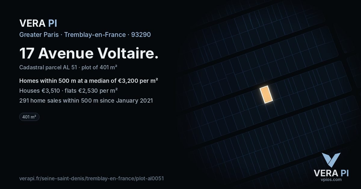 17 Avenue Voltaire, Tremblay-en-France at night – the plot lit, the parcels around coloured by the prices near them