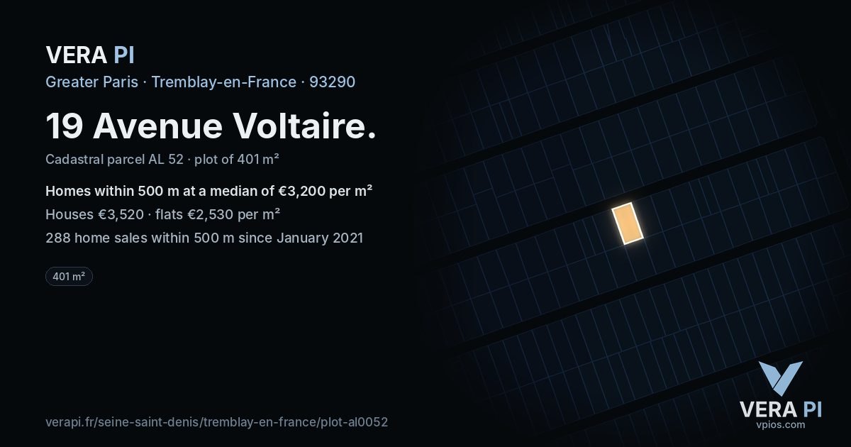 19 Avenue Voltaire, Tremblay-en-France at night – the plot lit, the parcels around coloured by the prices near them